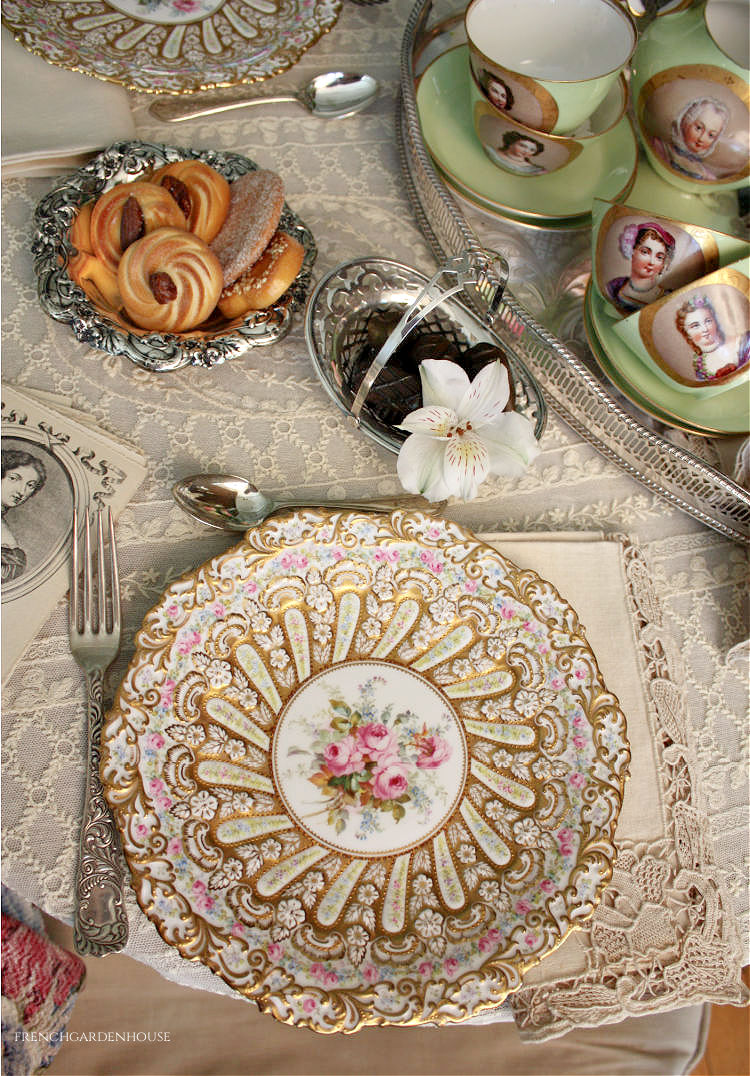 antique gilt encrusted plates roses