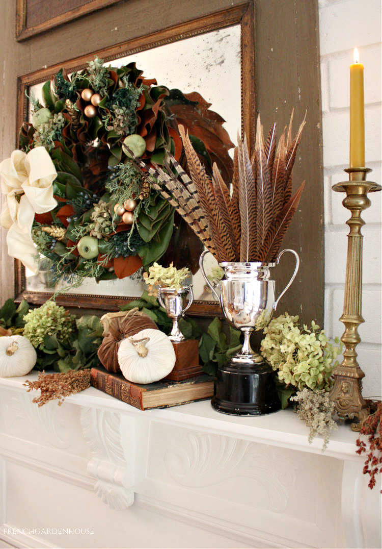 French Country Fall Mantel feathers